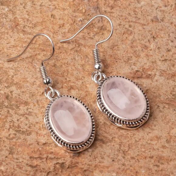 Oval Pink Rose Quartz Stone Silver Dangle Drop Earrings Vintage Style Textured - Picture 2 of 6